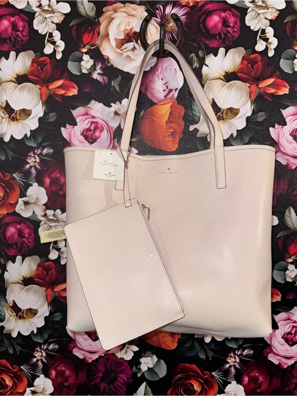 NWT kate spade Reversible Beige & Cream Striped Canvas/ Leather Tote w/ wristlet